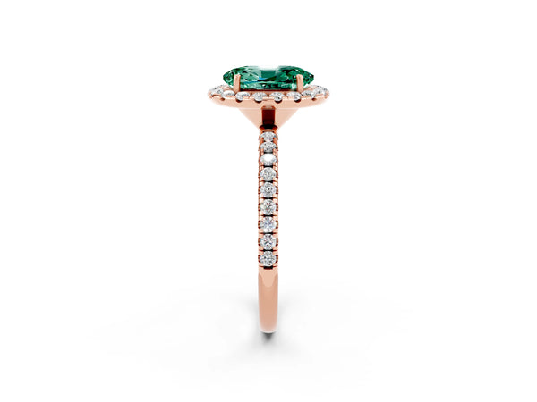 Rose gold Oval Cut Green Sapphire Halo Ring with Round Pavé Band and Prong Setting