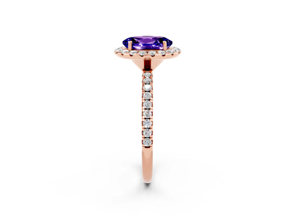 Rose gold Oval Cut Tanzanite Halo Ring with Round Pavé Band and Prong Setting