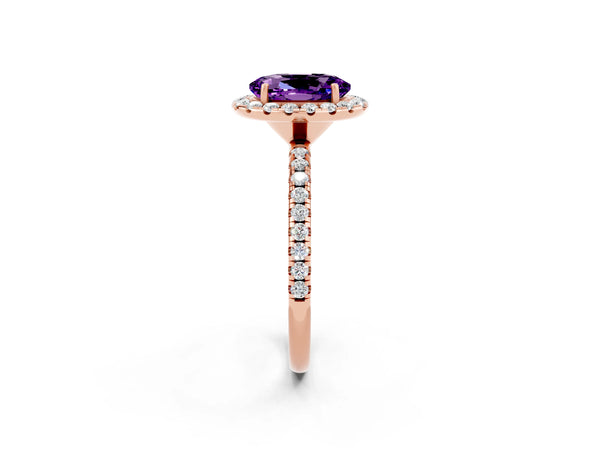 Rose gold Oval Cut Amethyst Halo Ring with Round Pavé Band and Prong Setting