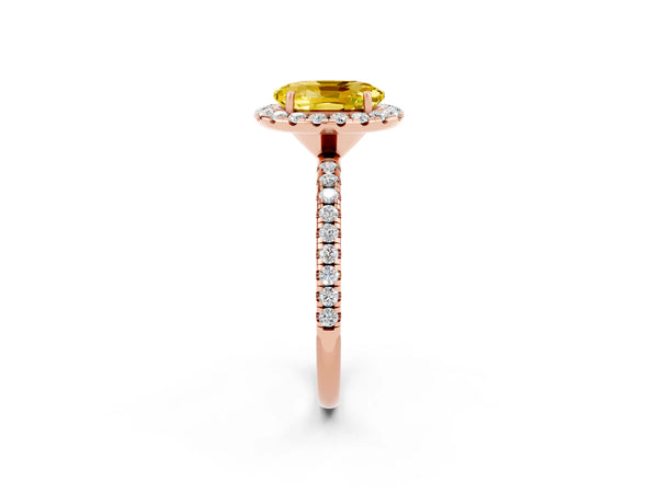 Rose gold Oval Cut Yellow Sapphire Halo Ring with Round Pavé Band and Prong Setting