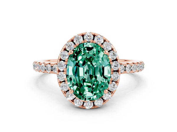 Rose gold Oval Cut Green Sapphire Halo Ring with Round Pavé Band and Prong Setting