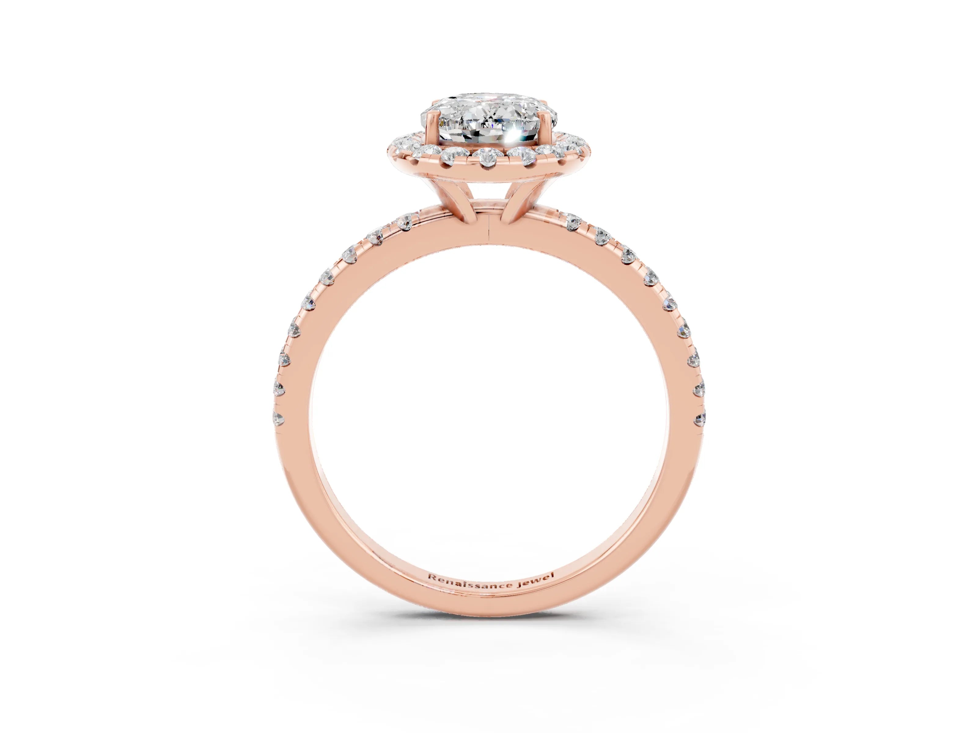 Rose gold Oval Cut Halo Round Diamond Pavé Band Four-Prong Ring_3