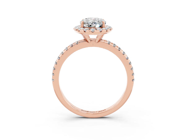 Rose gold Oval Cut Moissanite Halo Ring with Round Pavé Band and Prong Setting