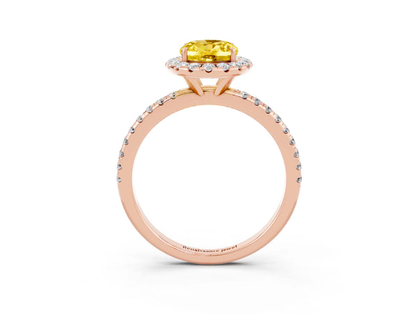 Rose gold Oval Cut Yellow Sapphire Halo Ring with Round Pavé Band and Prong Setting