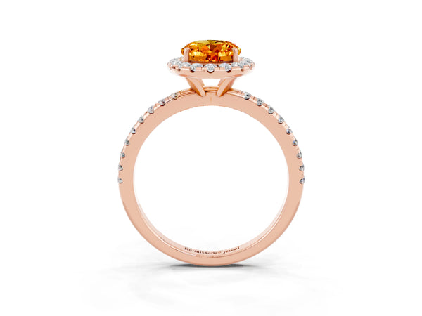 Rose gold Oval Cut Citrine Halo Ring with Round Pavé Band and Prong Setting