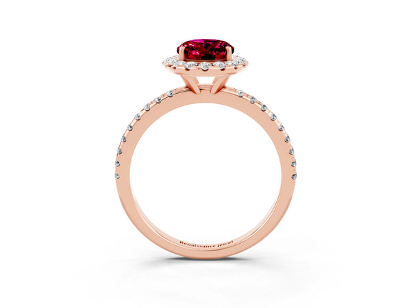 Rose gold Oval Cut Garnet Halo Ring with Round Pavé Band and Prong Setting