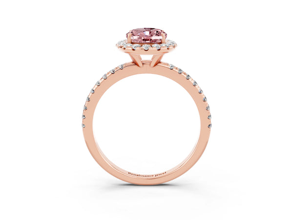 Rose gold Oval Cut Halo Round Diamond Pavé Band Four-Prong Ring