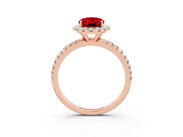 Rose gold Oval Cut Halo Round Diamond Pavé Band Four-Prong Ring