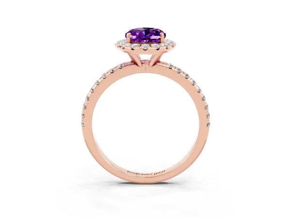 Rose gold Oval Cut Amethyst Halo Ring with Round Pavé Band and Prong Setting