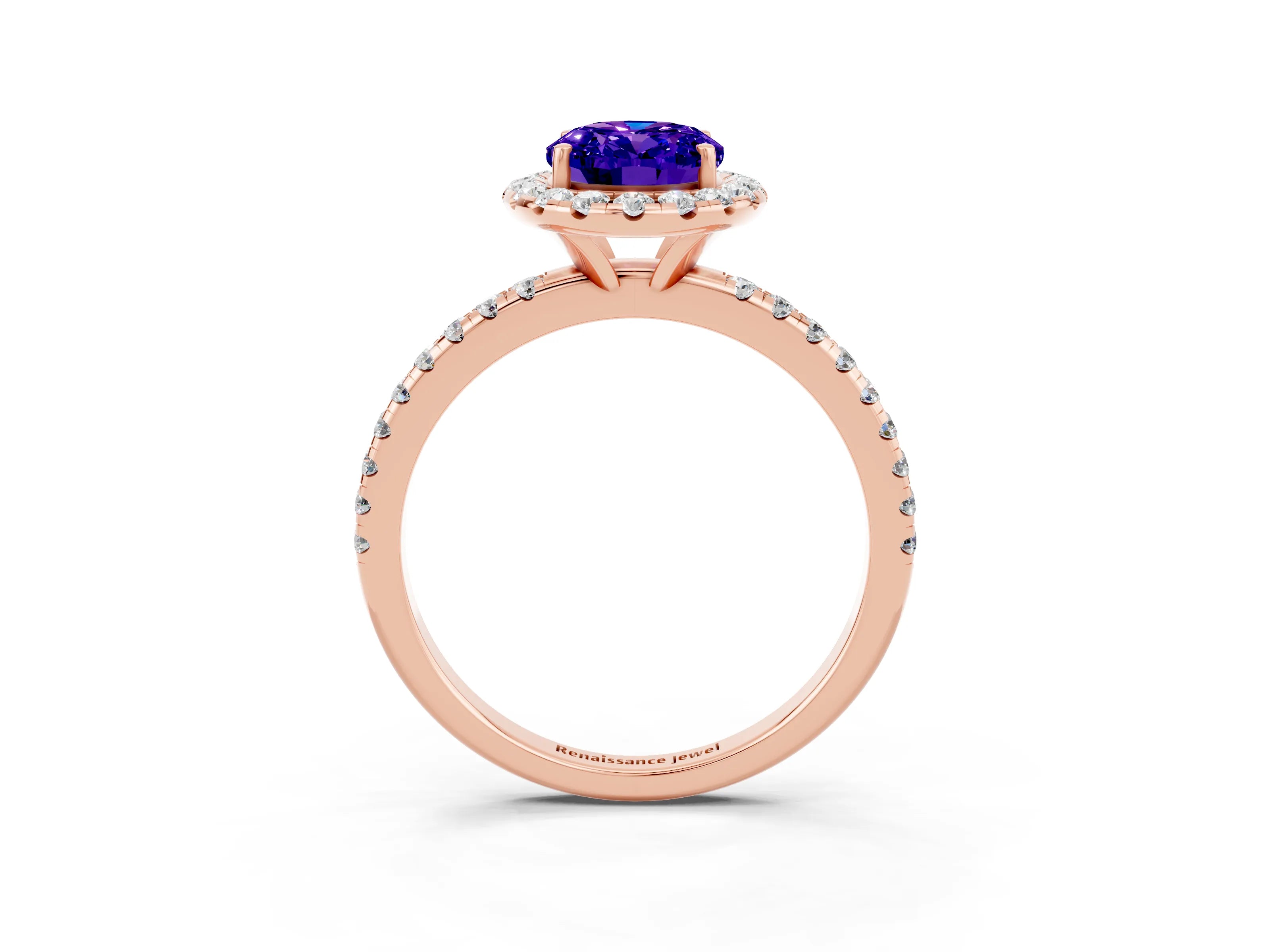 Rose gold Oval Cut Halo Round Diamond Pavé Band Four-Prong Ring_3