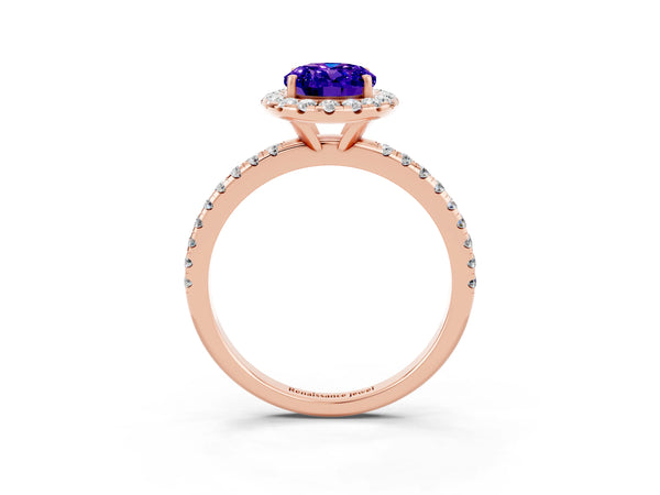 Rose gold Oval Cut Tanzanite Halo Ring with Round Pavé Band and Prong Setting