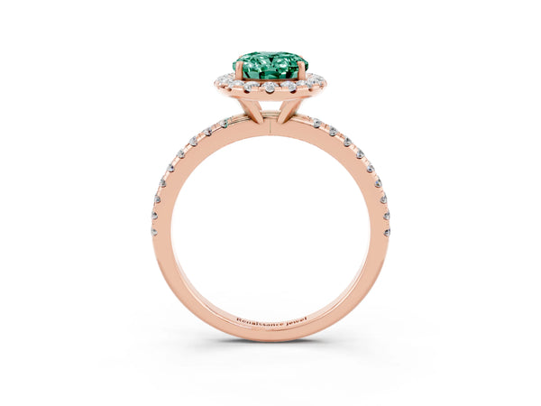 Rose gold Oval Cut Green Sapphire Halo Ring with Round Pavé Band and Prong Setting