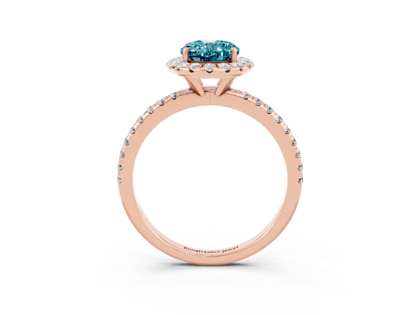 Rose gold Oval Cut Halo Round Diamond Pavé Band Four-Prong Ring