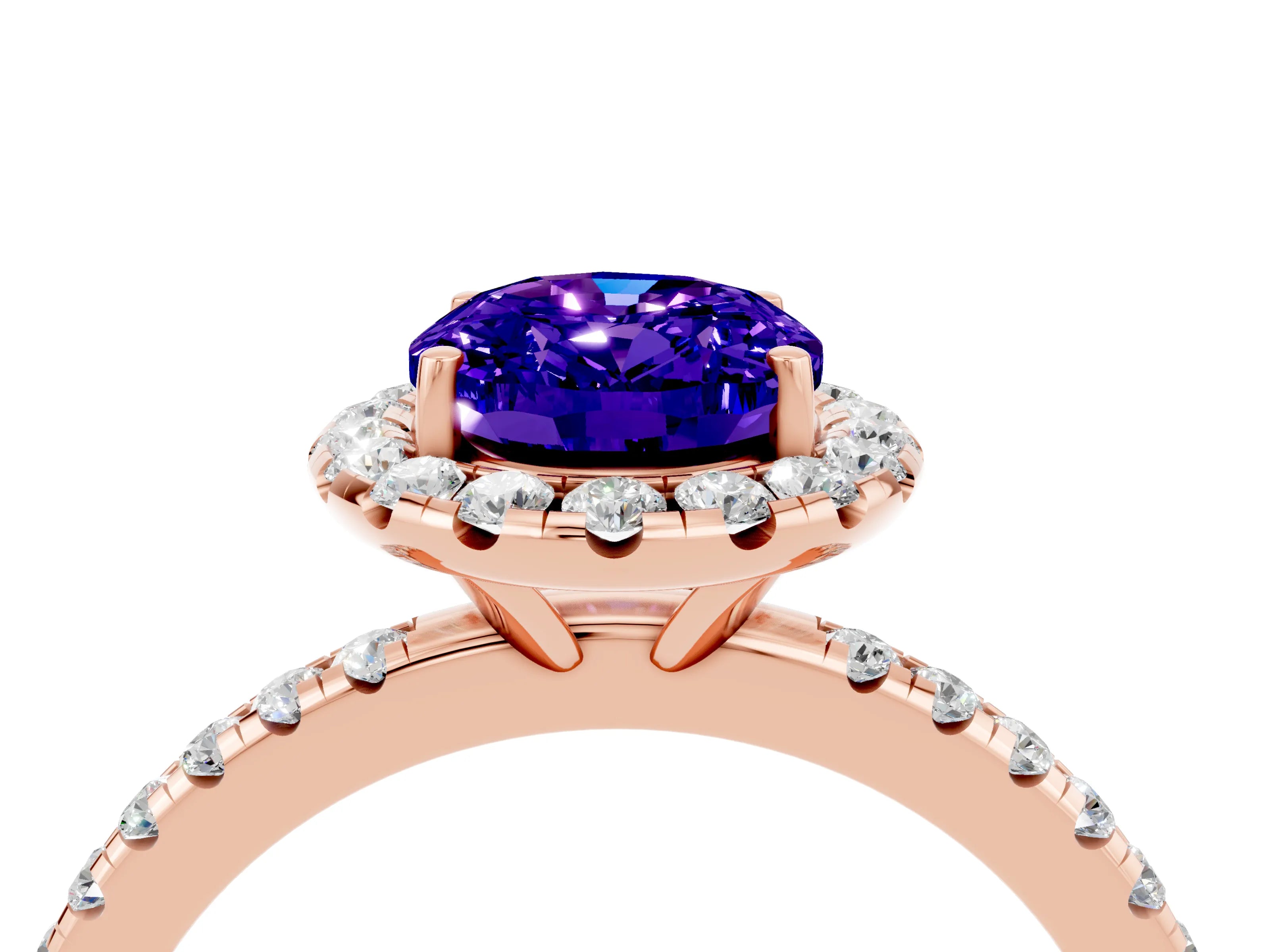 Rose gold Oval Cut Halo Round Diamond Pavé Band Four-Prong Ring_4