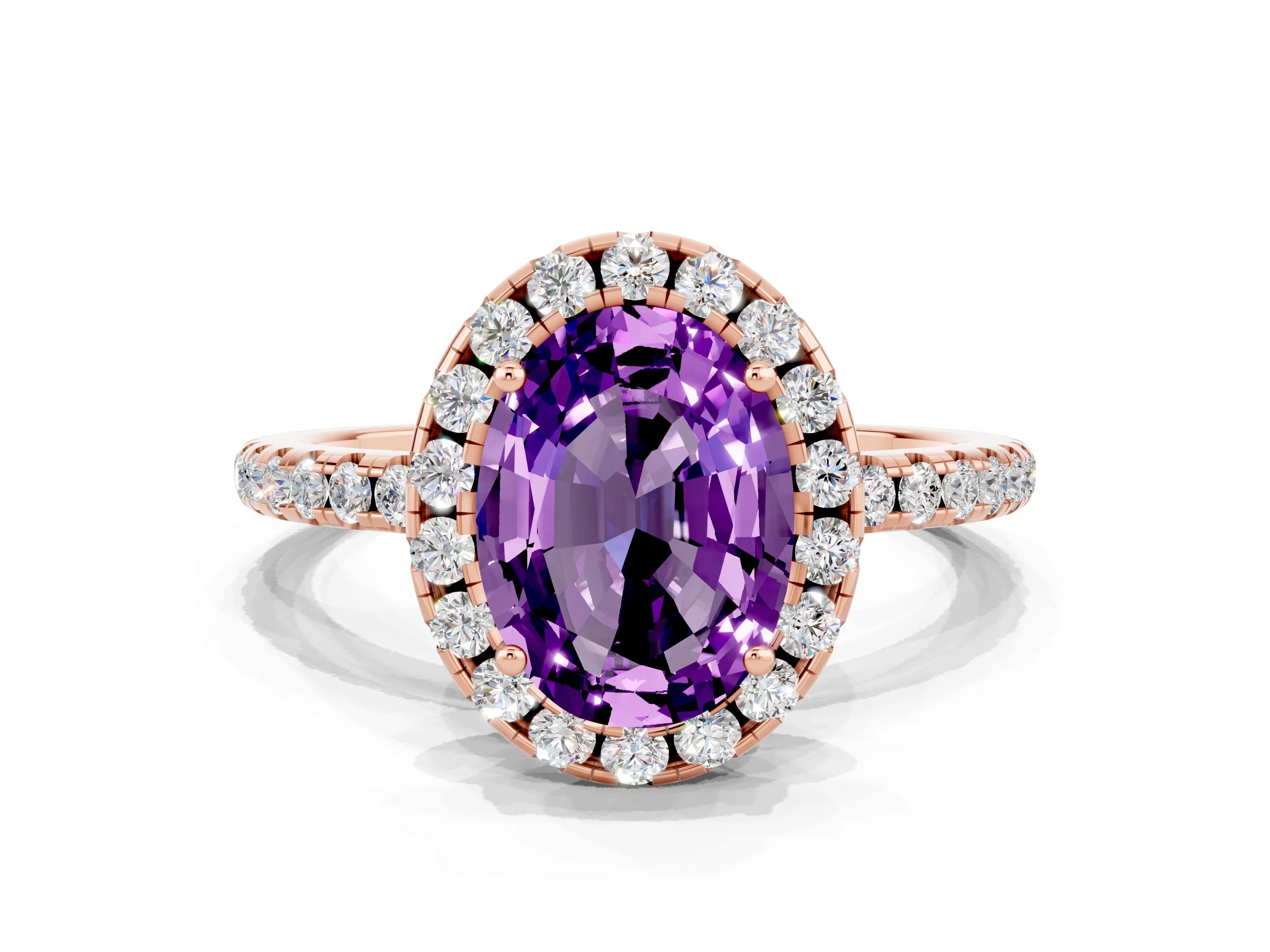 Rose gold Oval Cut Halo Round Diamond Pavé Band Four-Prong Ring