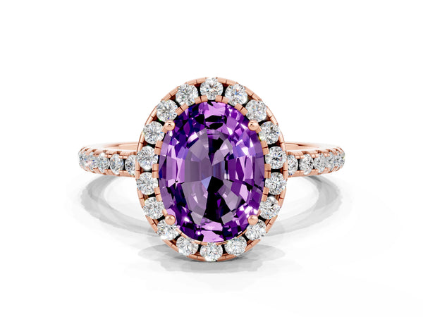 Rose gold Oval Cut Amethyst Halo Ring with Round Pavé Band and Prong Setting