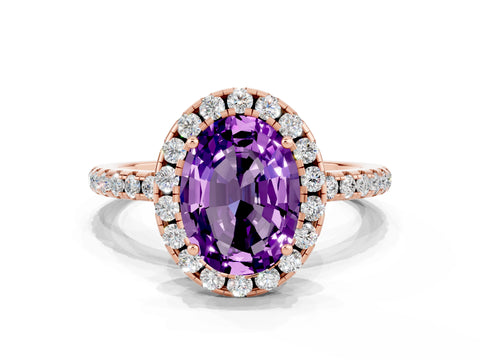 Rose gold Oval Cut Halo Round Diamond Pavé Band Four-Prong Ring