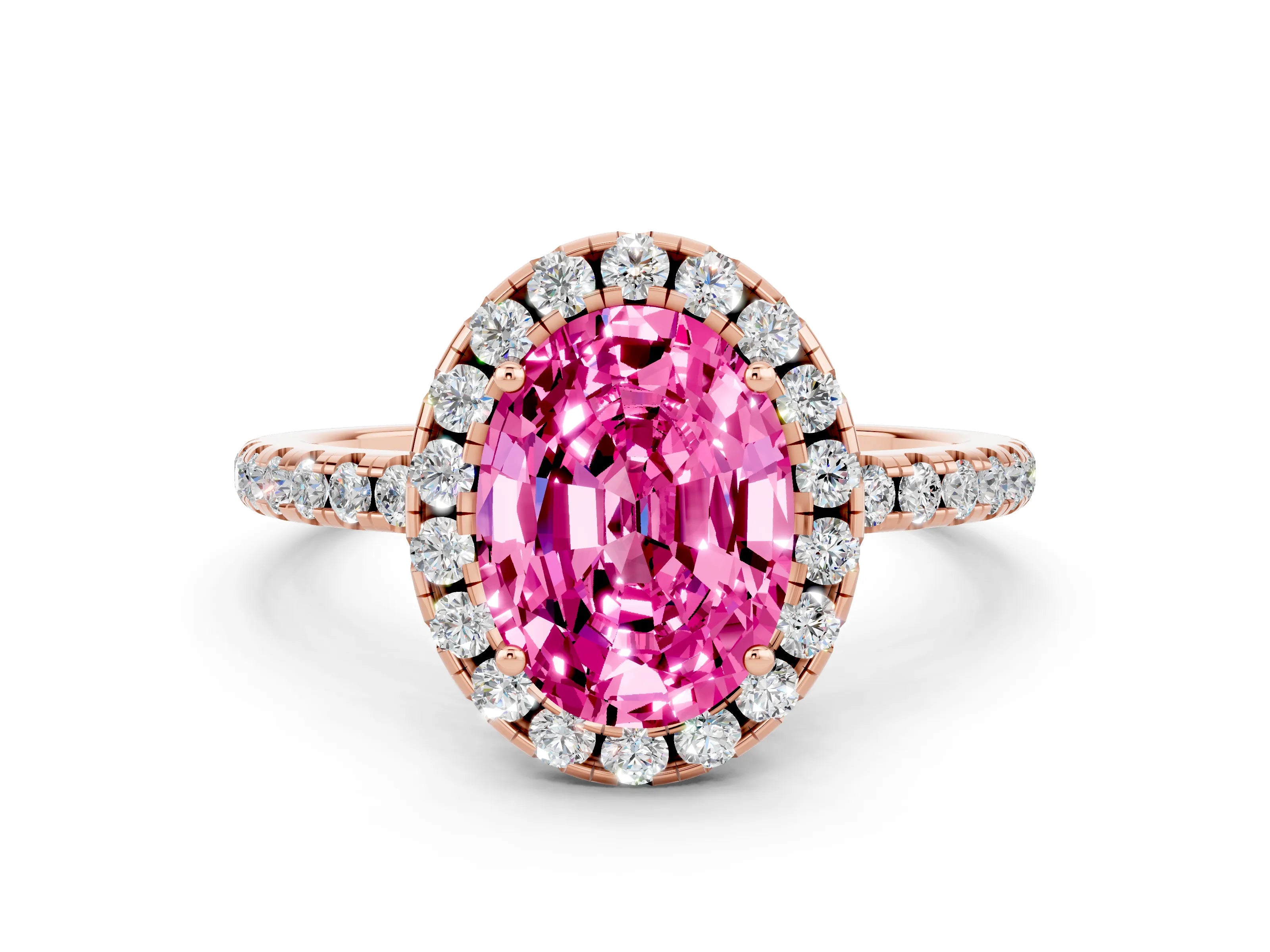 Rose gold Oval Cut Halo Round Diamond Pavé Band Four-Prong Ring