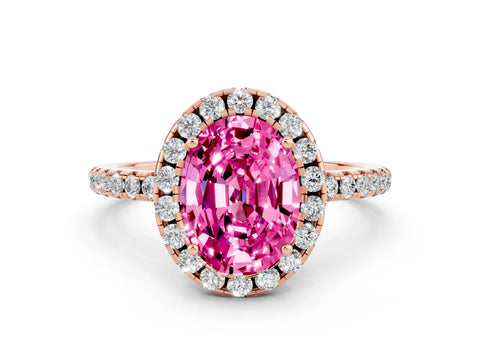 Rose gold Oval Cut Halo Round Diamond Pavé Band Four-Prong Ring
