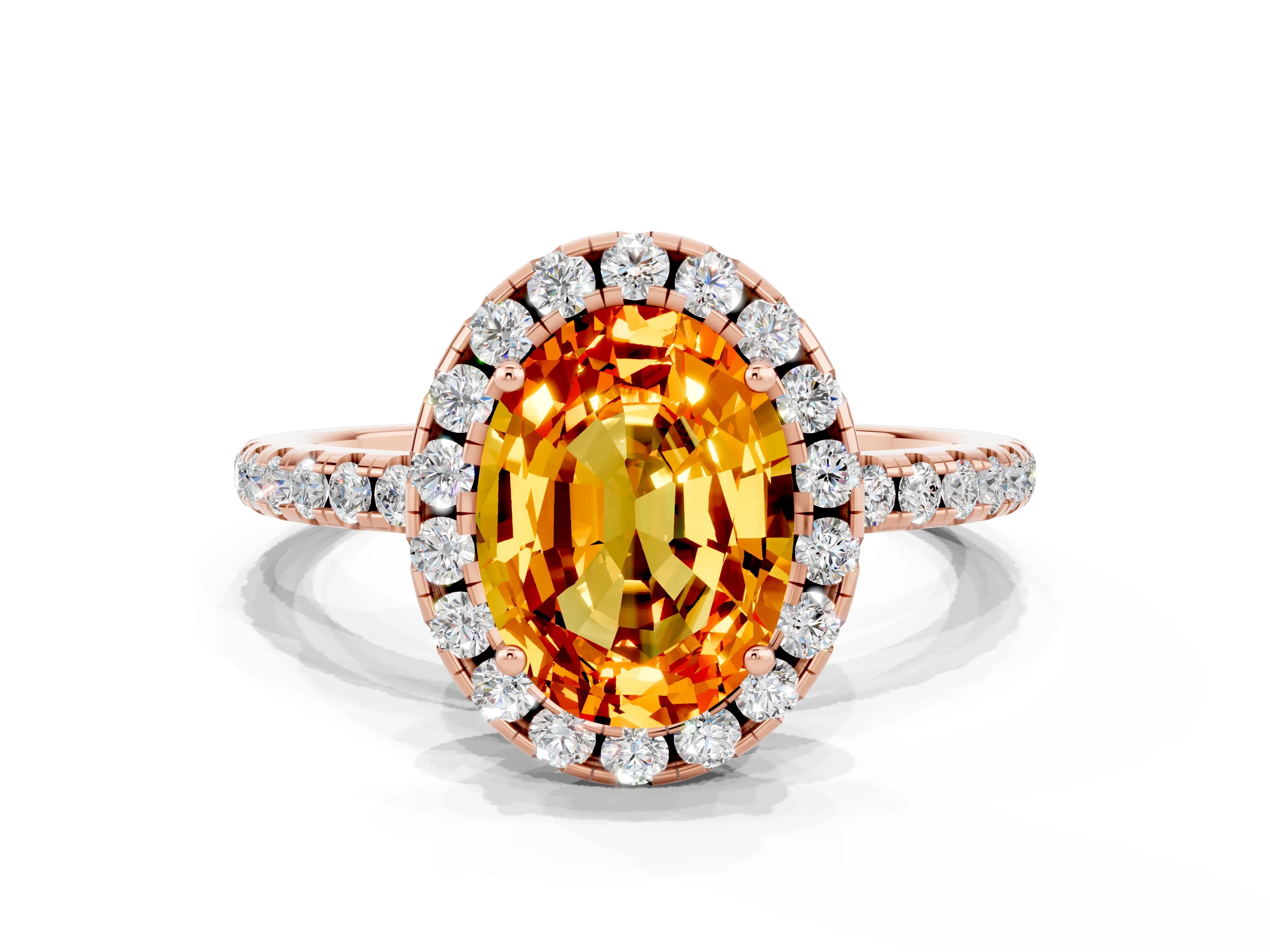 Rose gold Oval Cut Halo Round Diamond Pavé Band Four-Prong Ring