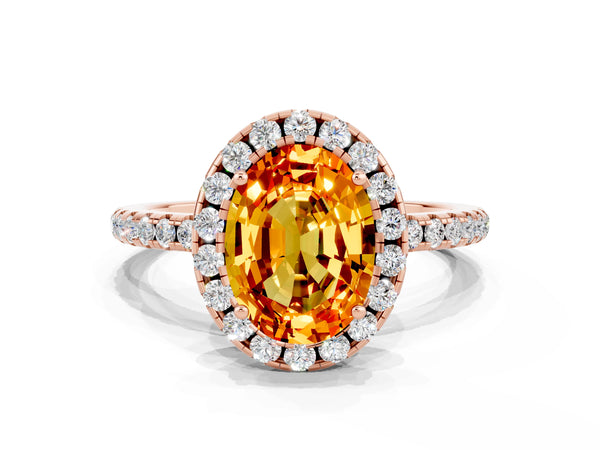 Rose gold Oval Cut Citrine Halo Ring with Round Pavé Band and Prong Setting