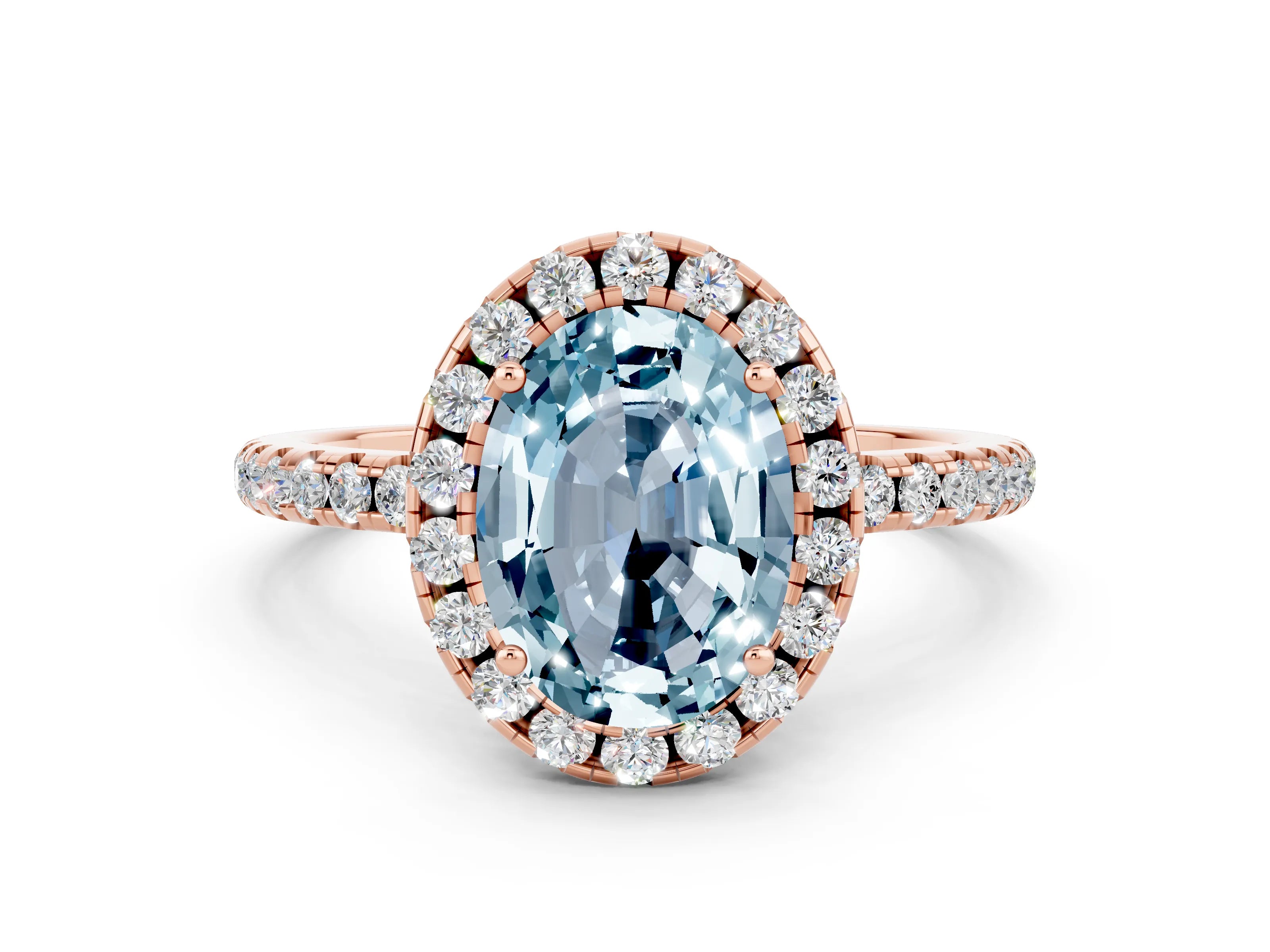 Rose gold Oval Cut Halo Round Diamond Pavé Band Four-Prong Ring