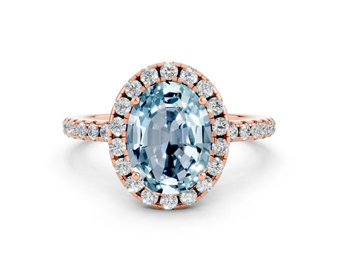 Rose gold Oval Cut Halo Round Diamond Pavé Band Four-Prong Ring