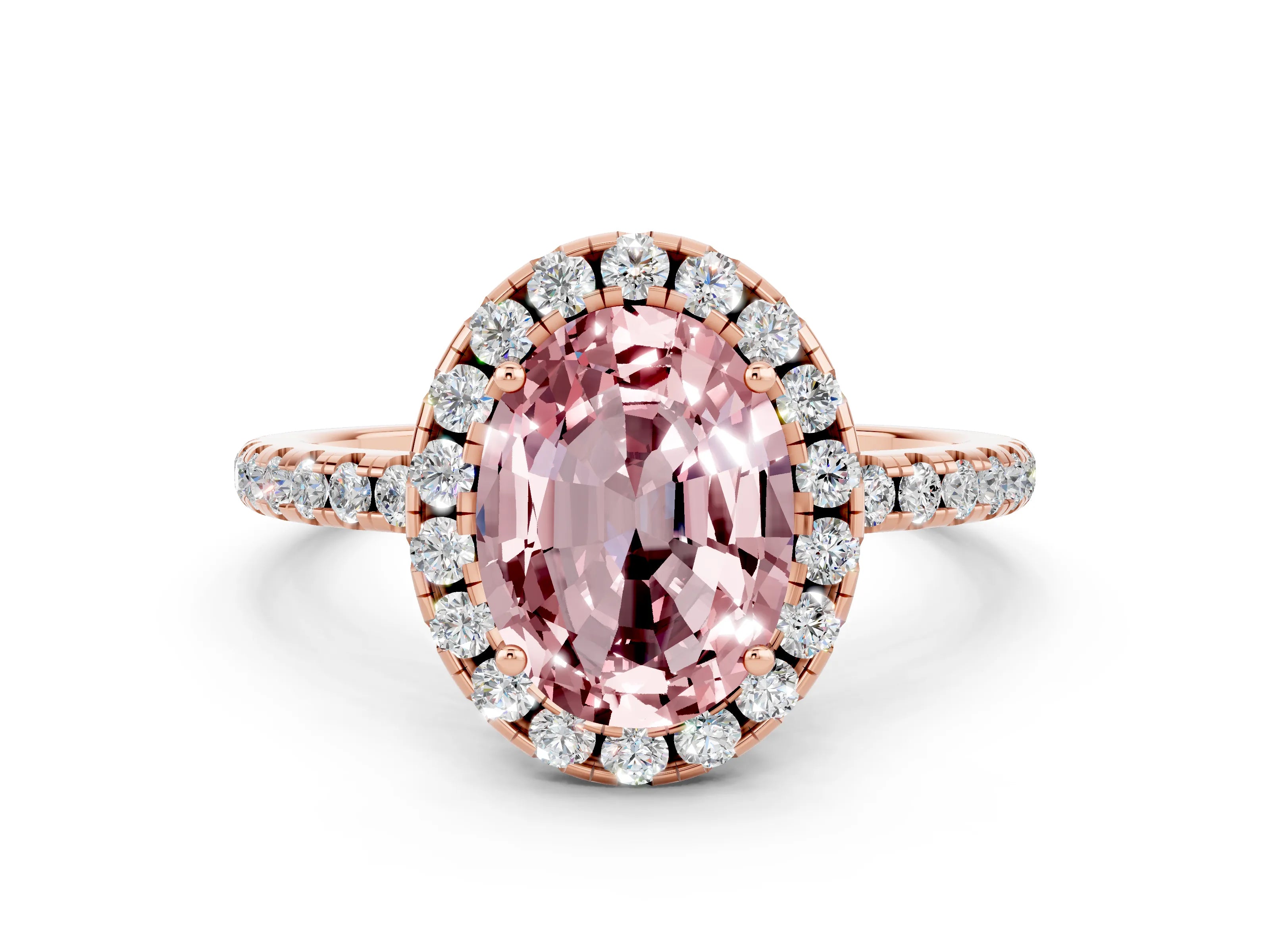 Rose gold Oval Cut Halo Round Diamond Pavé Band Four-Prong Ring