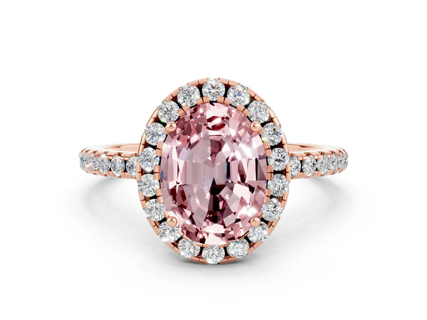 Rose gold Oval Cut Halo Round Diamond Pavé Band Four-Prong Ring