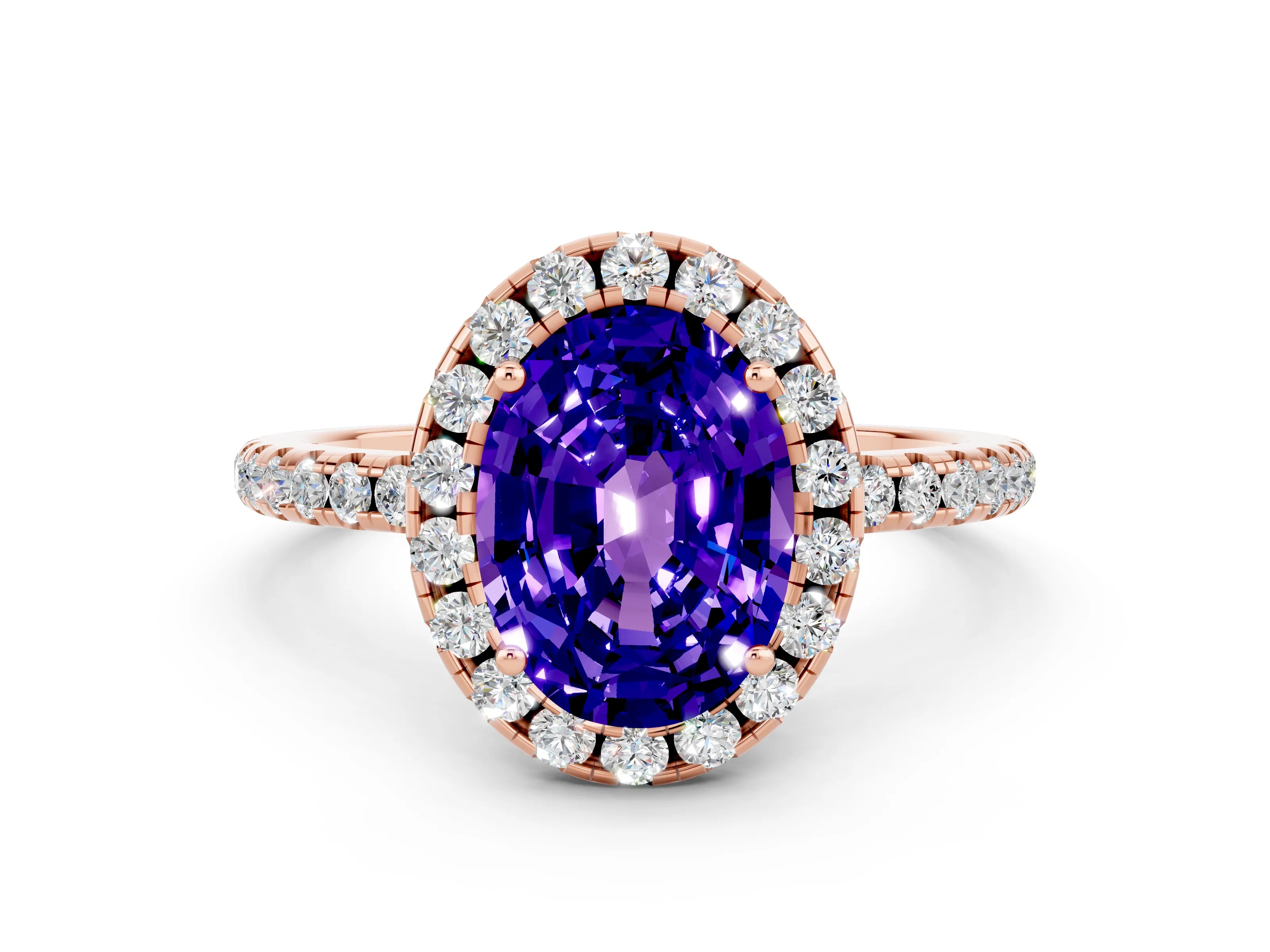 Rose gold Oval Cut Halo Round Diamond Pavé Band Four-Prong Ring