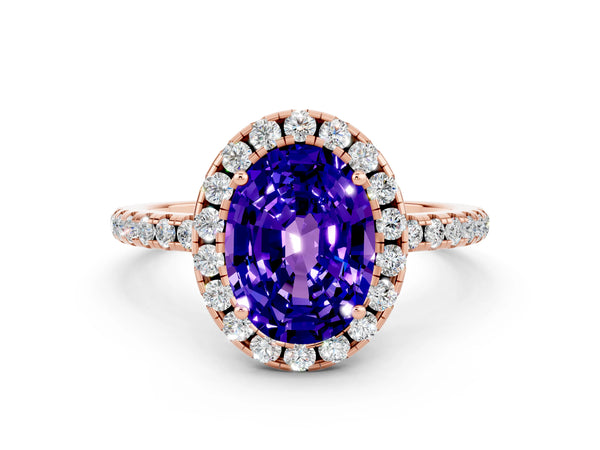 Rose gold Oval Cut Tanzanite Halo Ring with Round Pavé Band and Prong Setting