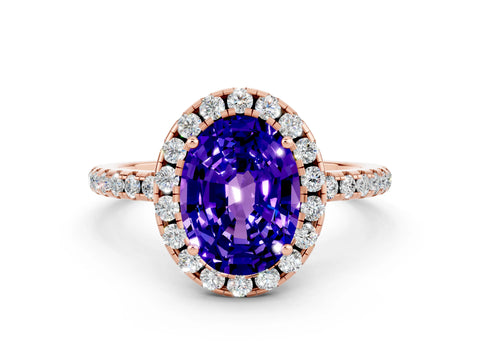 Rose gold Oval Cut Halo Round Diamond Pavé Band Four-Prong Ring