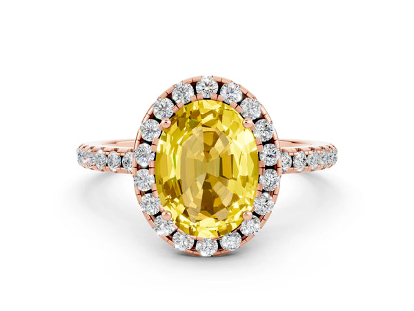 Rose gold Oval Cut Yellow Sapphire Halo Ring with Round Pavé Band and Prong Setting