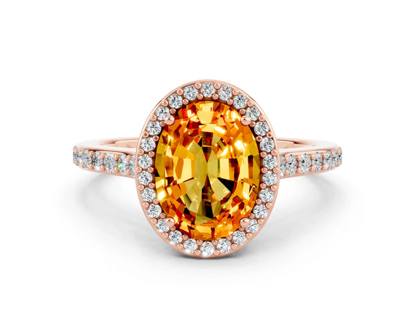 Rose gold Oval Cut Citrine Halo Engagement Ring with Round Pavé Shoulders and Prong Setting