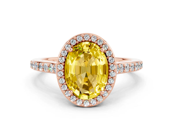 Rose gold Oval Cut Yellow Sapphire Halo Engagement Ring with Round Pavé Shoulders and Prong Setting