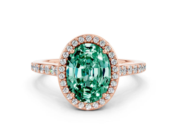 Rose gold Oval Cut Green Sapphire Halo Engagement Ring with Round Pavé Shoulders and Prong Setting