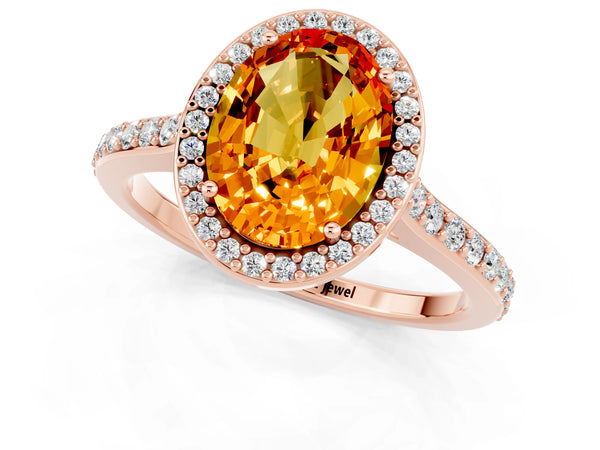 Rose gold Oval Cut Citrine Halo Engagement Ring with Round Pavé Shoulders and Prong Setting