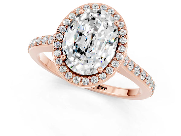 Rose gold Oval Cut Moissanite Halo Engagement Ring with Round Pavé Shoulders and Prong Setting