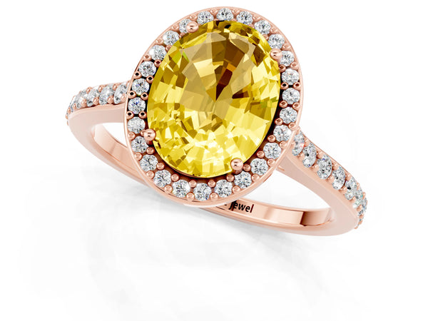 Rose gold Oval Cut Yellow Sapphire Halo Engagement Ring with Round Pavé Shoulders and Prong Setting