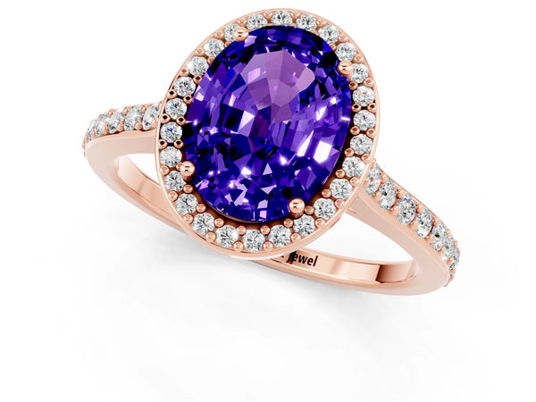 Rose gold Oval Cut Tanzanite Halo Engagement Ring with Round Pavé Shoulders and Prong Setting