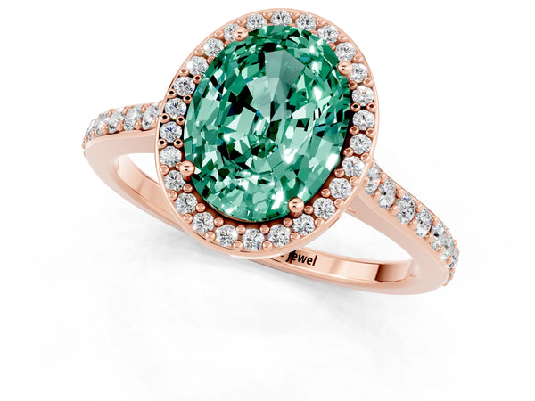 Rose gold Oval Cut Green Sapphire Halo Engagement Ring with Round Pavé Shoulders and Prong Setting