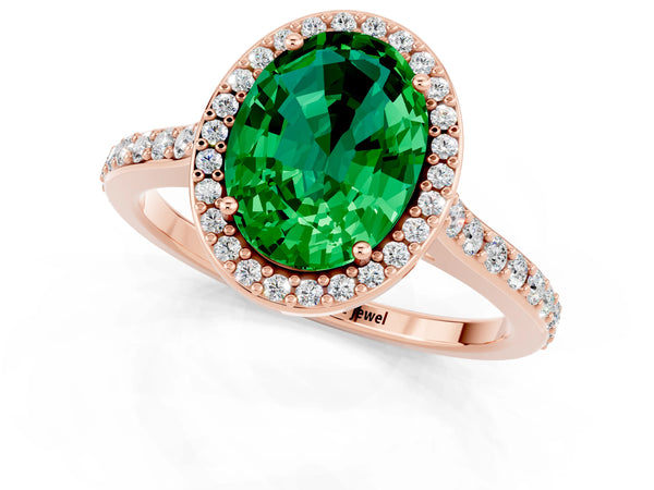 Rose gold Oval Cut Emerald Halo Engagement Ring with Round Pavé Shoulders and Prong Setting