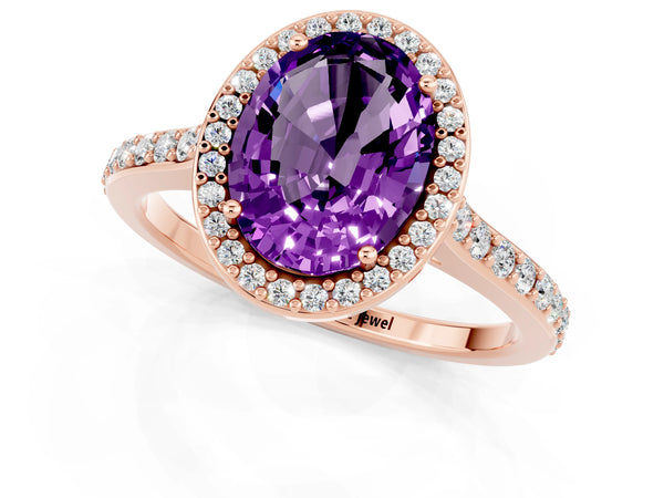 Rose gold Oval Cut Amethyst Halo Engagement Ring with Round Pavé Shoulders and Prong Setting