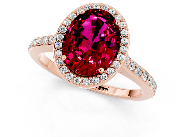 Rose gold Oval Cut Garnet Halo Engagement Ring with Round Pavé Shoulders and Prong Setting