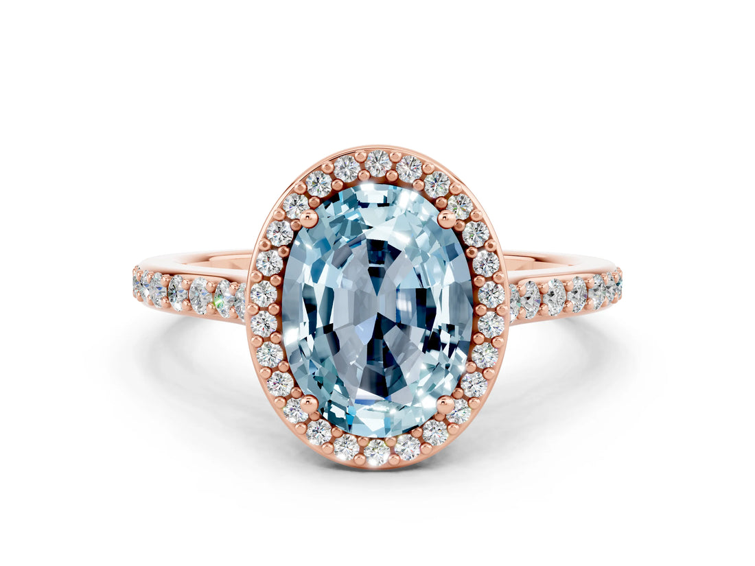 Rose gold Oval Cut Halo Round Diamond Pavé Band with Four-Prong Setting