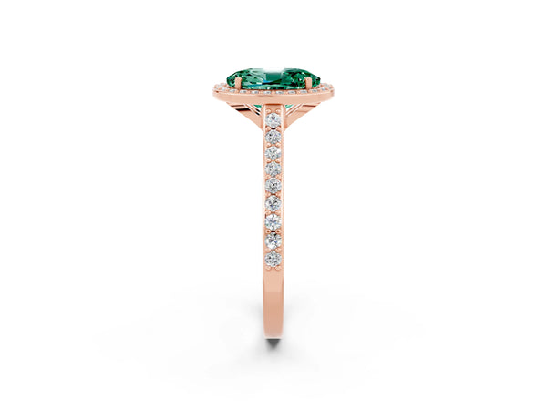 Rose gold Oval Cut Green Sapphire Halo Engagement Ring with Round Pavé Shoulders and Prong Setting