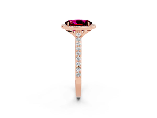 Rose gold Oval Cut Garnet Halo Engagement Ring with Round Pavé Shoulders and Prong Setting