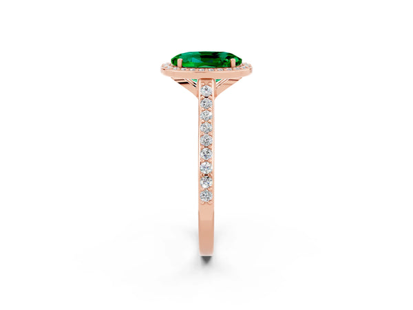 Rose gold Oval Cut Emerald Halo Engagement Ring with Round Pavé Shoulders and Prong Setting