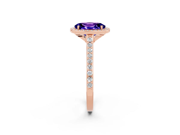Rose gold Oval Cut Tanzanite Halo Engagement Ring with Round Pavé Shoulders and Prong Setting
