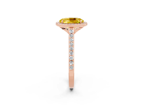 Rose gold Oval Cut Yellow Sapphire Halo Engagement Ring with Round Pavé Shoulders and Prong Setting